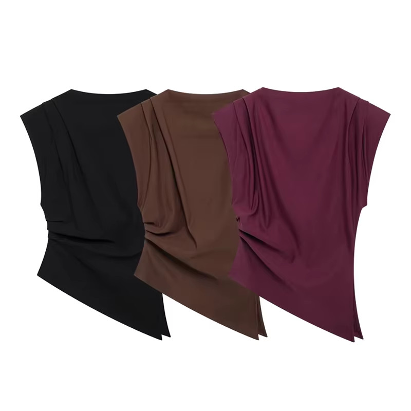 TRAF Asymmetric Hem Top Woman Sleeveless Pleated Shoulder Padded Top Female Chic Tops - AliExpres... | AliExpress (US)