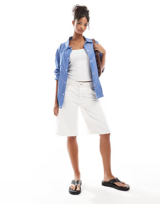 Bershka baggy longline denim shorts in ecru | ASOS (Global)