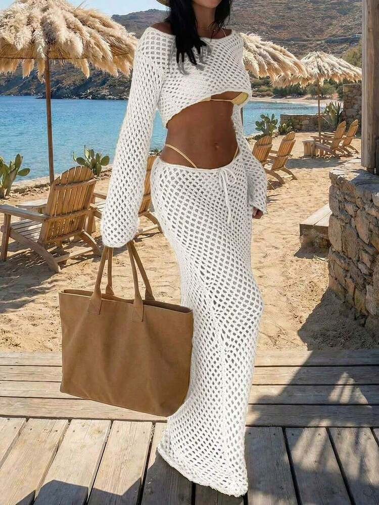 Yellow Hollow Out Boat Neck Knit Long Sleeve Cropped Shrug Top, Elegant Casual Beach Outfit Tie Waist Long Maxi Knit Skirt, Fashionable Comfortable Loose Vacation Set | SHEIN