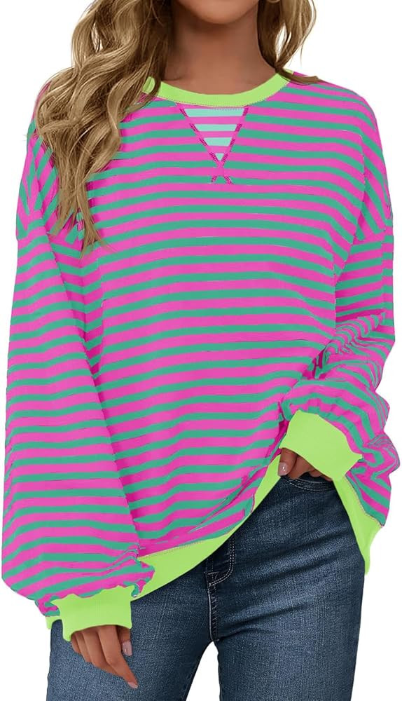 Fisoew Womens Striped Oversized Sweatshirt Color Block Crew Neck Long Sleeve Shirt Casual Loose P... | Amazon (US)