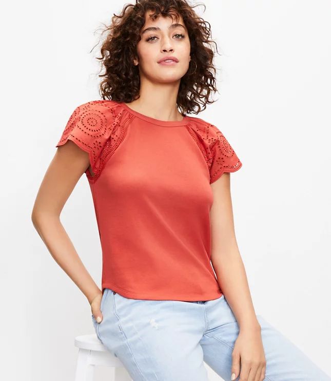 Eyelet Flutter Sleeve Top | LOFT