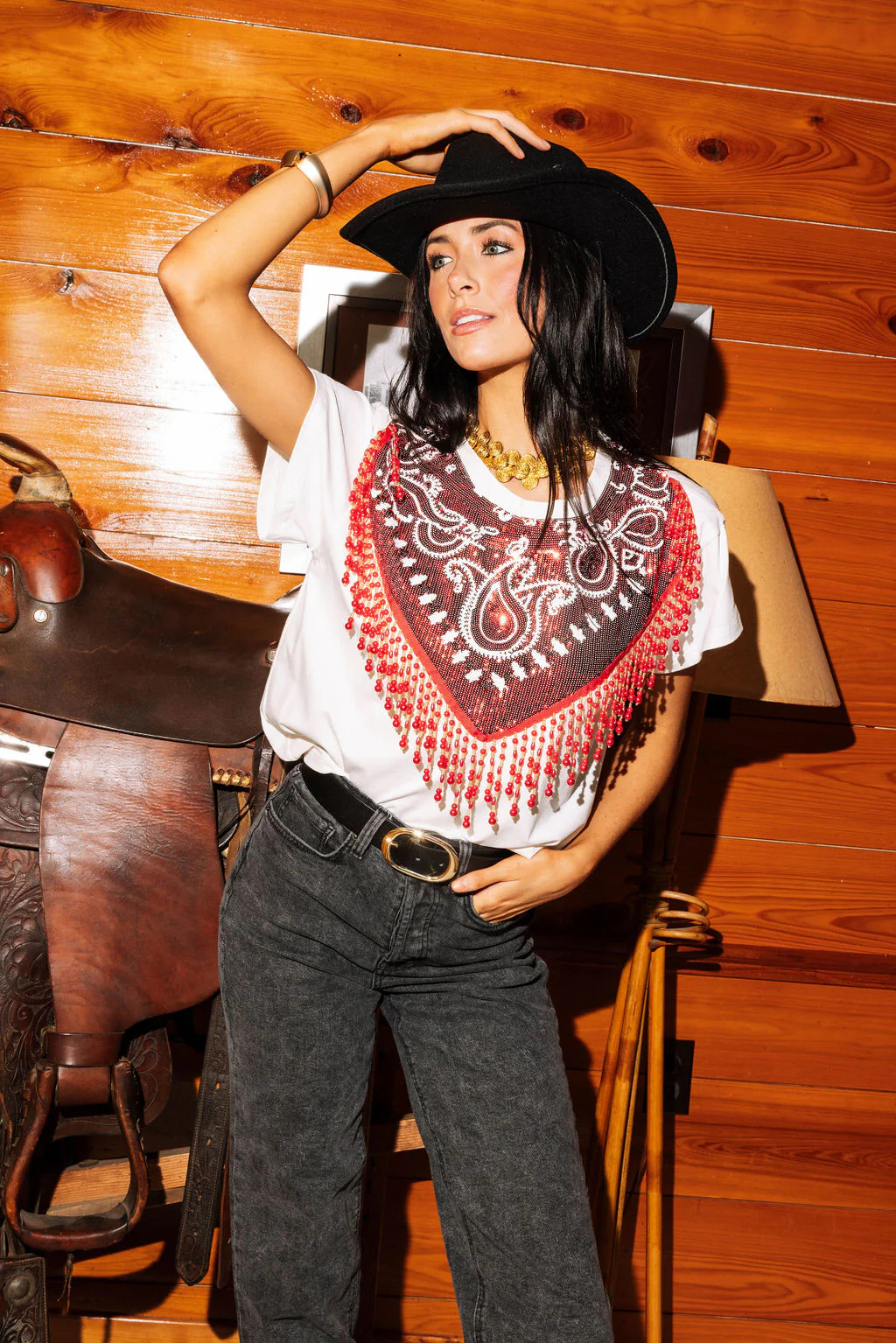 White With Red Sequin Bandana And Fringe Tee | Queen of Sparkles