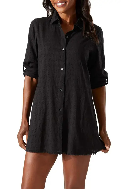 Tommy Bahama Cotton Clip Jacquard Boyfriend Cover-Up Shirt in Black at Nordstrom, Size X-Large | Nordstrom