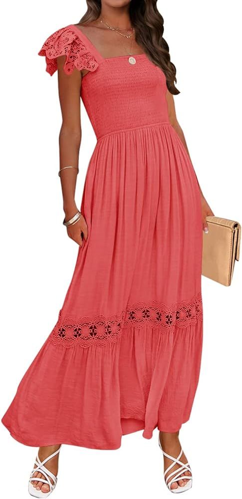 ZESICA Women's 2024 Summer Lace Strap Sleeveless Square Neck Smocked High Waist Ruffle Hollow Out... | Amazon (US)