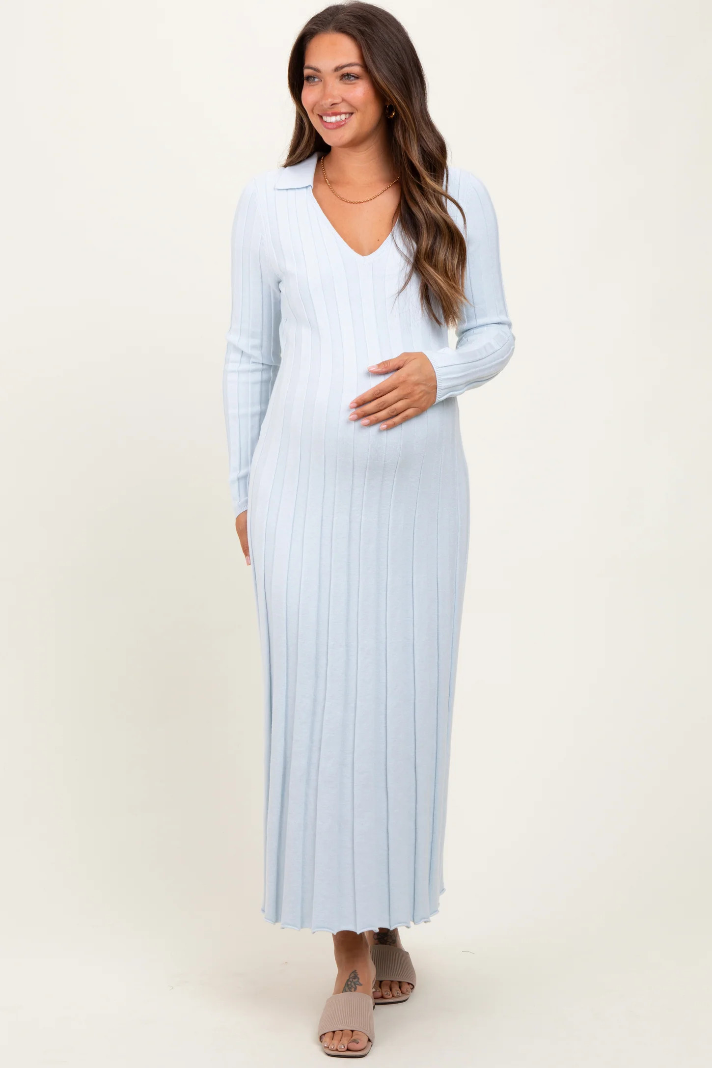 Light Blue Wide Ribbed Knit Collared Maternity Midi Dress | PinkBlush Maternity