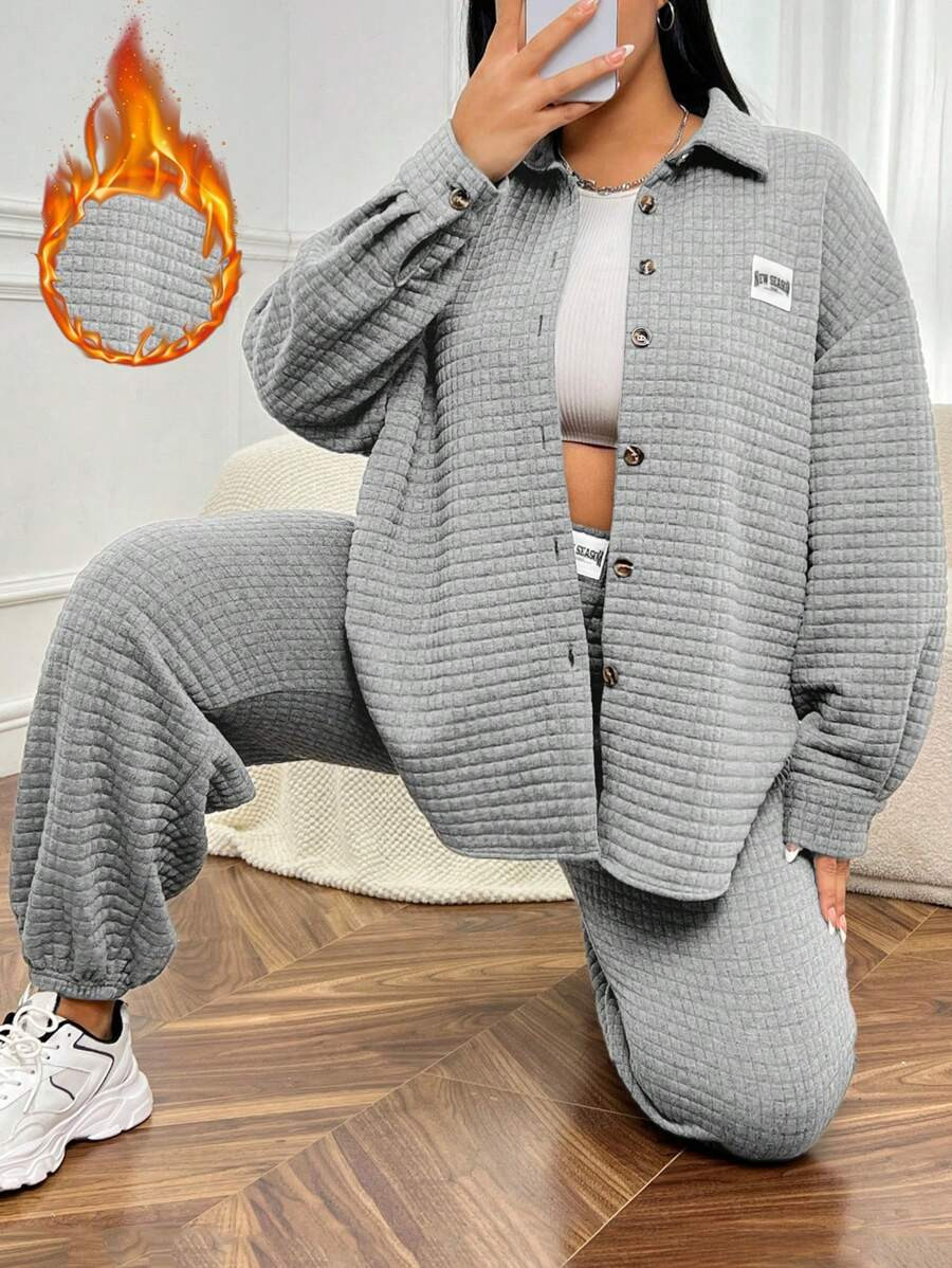 SHEIN CURVE+ Women's Plus Size Alphabet Patch Button Front Drop Shoulder Jacket And Jogger Pants ... | SHEIN