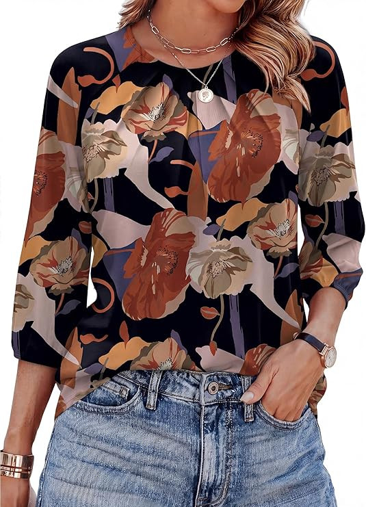 WIHOLL 3/4 Length Sleeve Womens Tops Pleated Front Crew Neck Blouses Dressy Casual Business Casua... | Amazon (US)