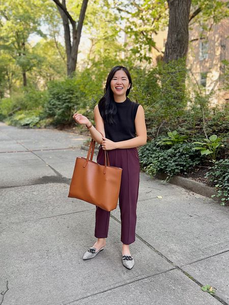 Business casual outfit, work outfit, LOFT, Nordstrom, teacher outfit idea: black sleeveless wearer (XS), black sweater vest, maroon pants (XSP), maroon jogger pants, work pants with elastic waistband, plaid loafer mules with chain (TTS), brown tote bag.

#LTKunder50 #LTKstyletip #LTKworkwear
