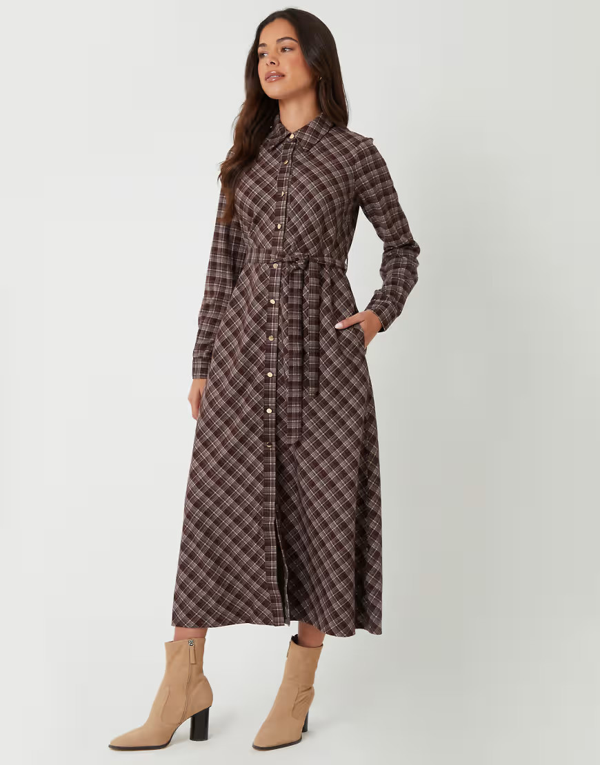 Threadbare Check belted midi shirt dress in chocolate-Brown | ASOS (Global)