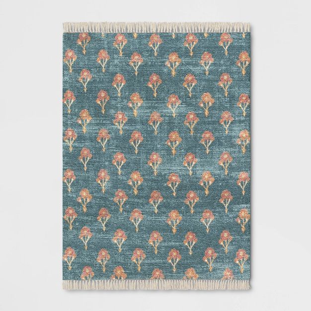 Floral Block Printed Blue Rug Blue - Threshold™ | Target