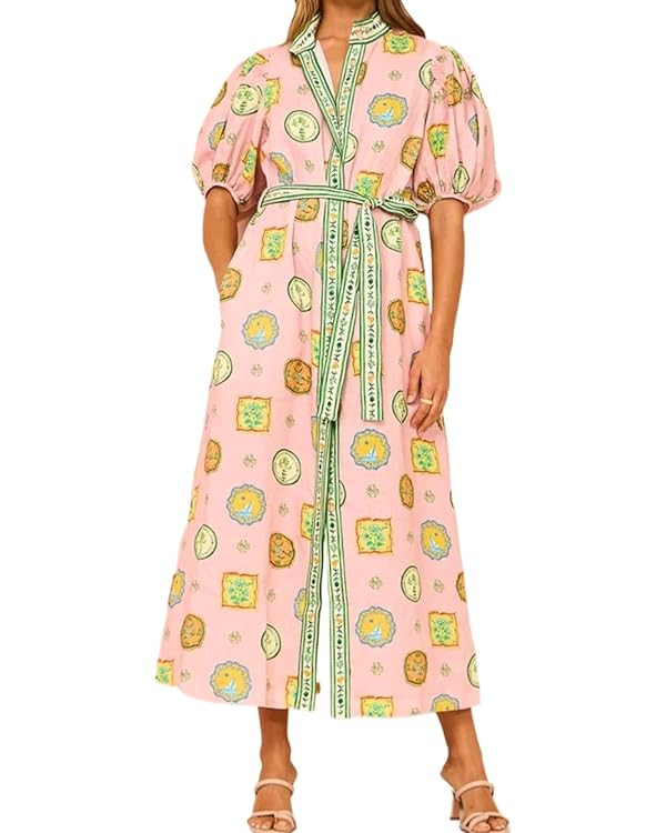 Puff Sleeve Maxi Dress Women Summer Graffiti Y2k Dress Vintage Boho Tropical Dress Floral Colorfu... | Amazon (US)