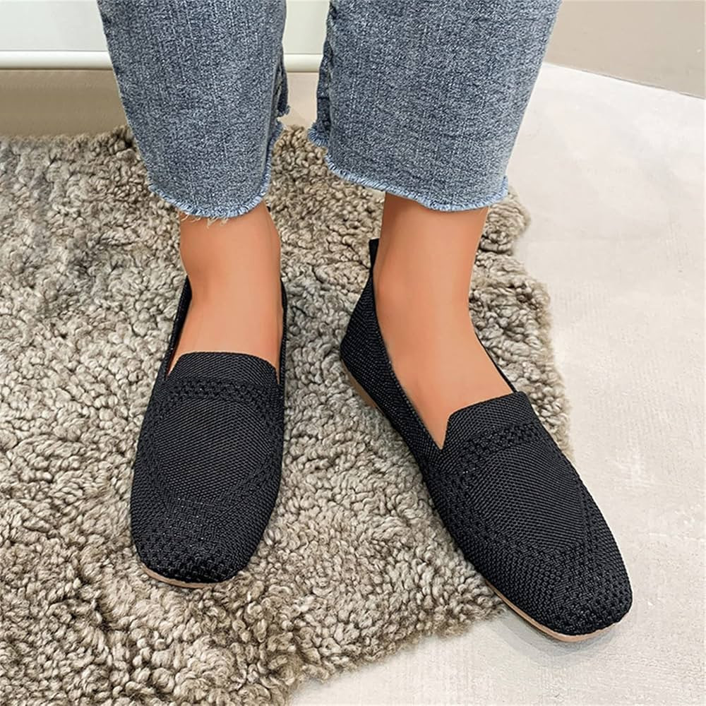 Women's Casual Slip on Walking Flat Shoes Ladies Fashion Square Toe Knit Hollow Out Breathable Fl... | Amazon (US)