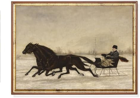 Winter Snowy Landscape, Horse drawn Sleigh Rustic Painting, Antique Fine Art Print, Vintage Chris... | Amazon (US)