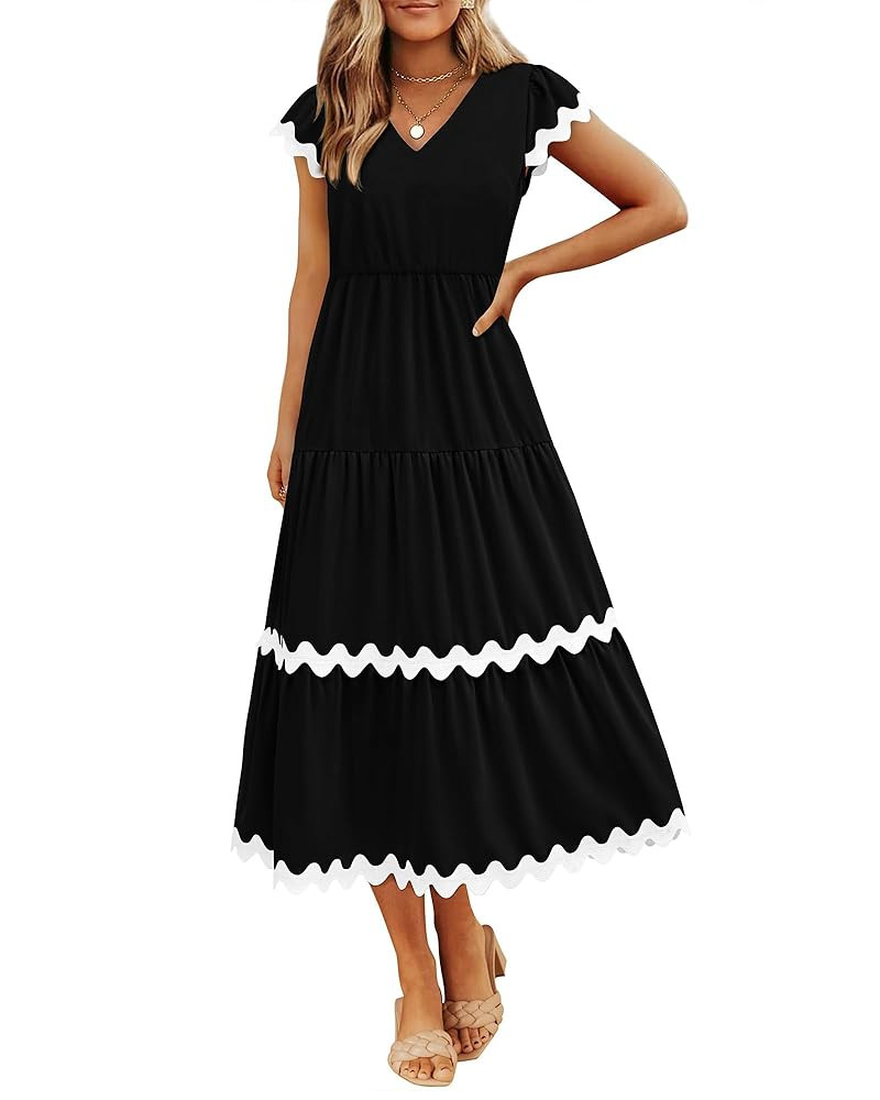 BTFBM Spring Summer Dresses for Women 2025 Vacation V Neck Cap Sleeve RIC Rac Loose Flowy Beach M... | Amazon (US)