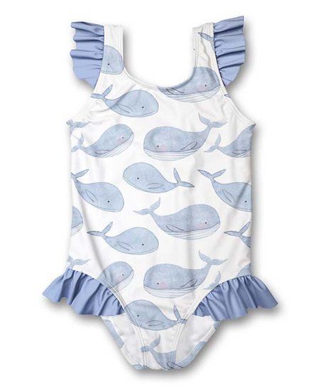 White & Periwinkle Whales Ruffle-Accent One-Piece - Infant, Toddler & Girls | Zulily