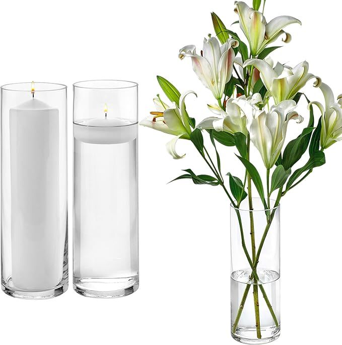 Set of 3 Glass Cylinder Vases 12 Inch Tall - Multi-use: Pillar Candle, Floating Candles Holders o... | Amazon (US)