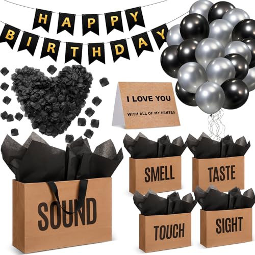 Soulchen 5 Senses Gift Birthday Decorations Five Senses Gift Bags Party Decoration with Happy Birthday Banner Taste Touch Sound Rose Petals Balloon for Party(Kraft) | Amazon (US)