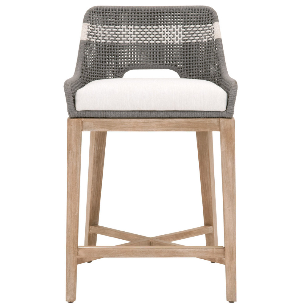 Theodore Coastal Beach Grey Woven White Upholstered Brown Mahogany Wood Frame Counter Stool | Kathy Kuo Home