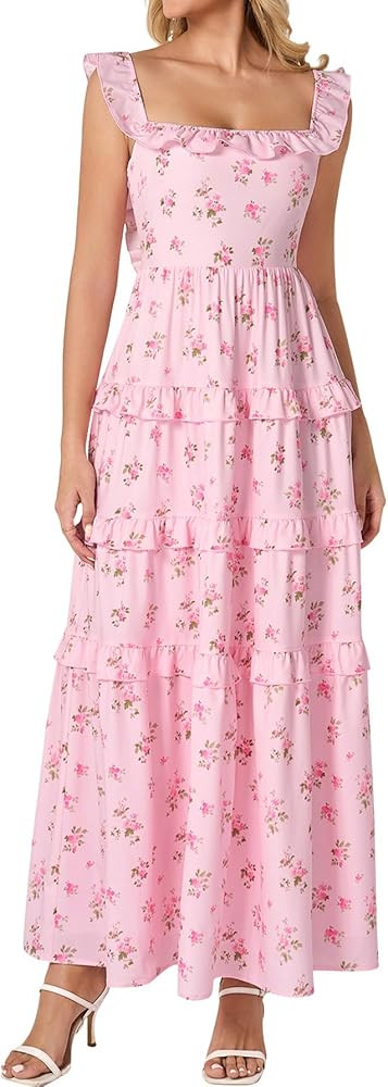 EYNMIN Women's Summer Floral Boho Maxi Dress Tiered Ruffle Smocked Long Flowy Beach Wedding Guest... | Amazon (US)