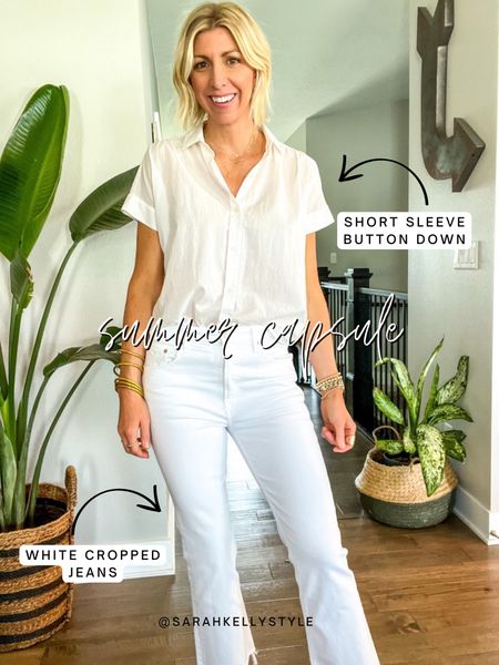 Summer capsule wardrobe look with white cropped leg jeans, a short sleeve button down shirt, and sandals 

#LTKstyletip #LTKSeasonal #LTKFind