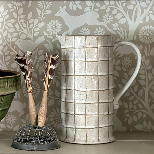 Grid Pattern Stoneware Pitcher With Spout | Antique Farm House