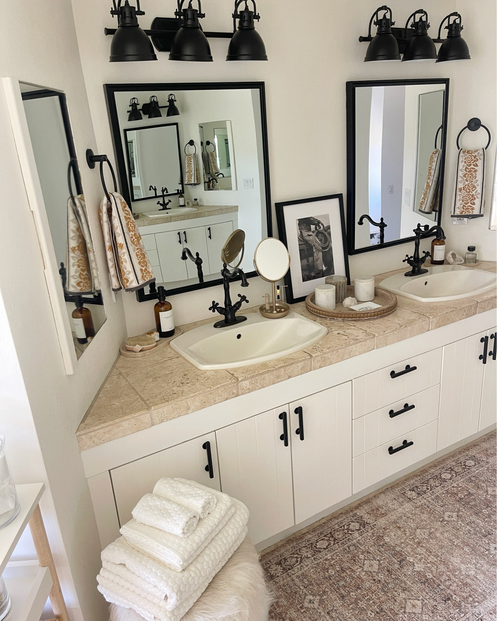 HOME \ @Walmart bathroom home finds! Sprucing up my space with new bath towels, vanity mirror, wood tray, neutral runner and more! 
#WalmartPartner #WalmartHome

#LTKHome #LTKFindsUnder50