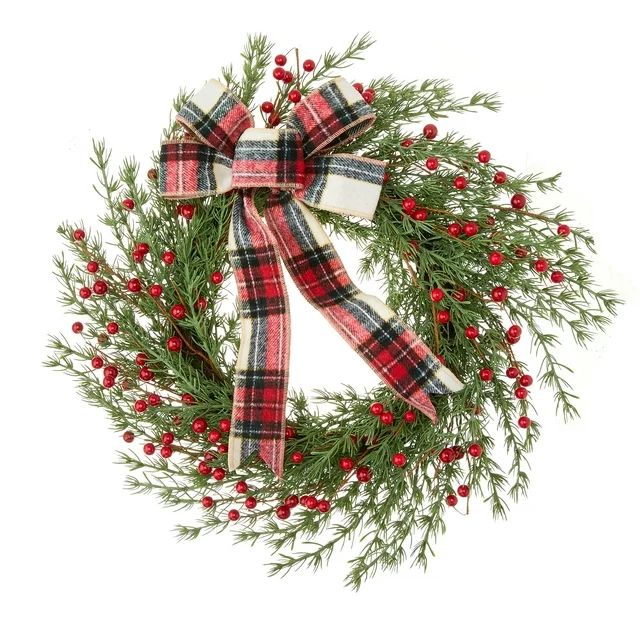 Holiday Time Red Berry Christmas Wreath with Plaid Bow, 18-Inch | Walmart (US)
