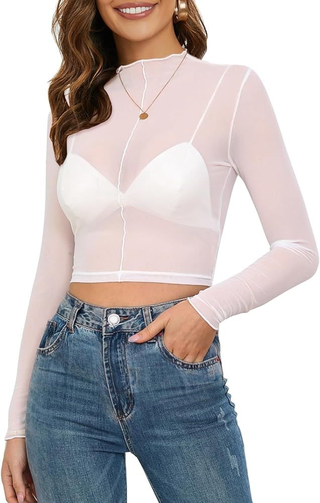 MEROKEETY Women's Sheer Mesh Long Sleeve Crop Top Mock Neck See Through Slim Layering Tee Shirts | Amazon (US)
