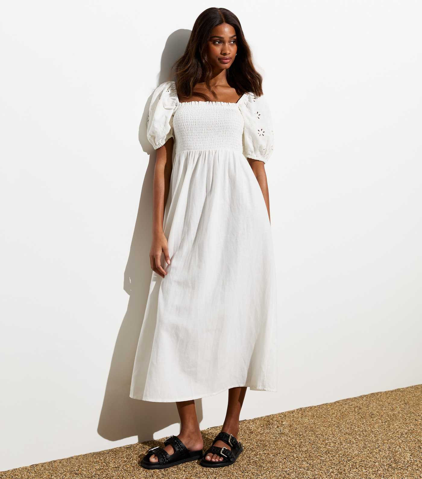 White Square Neck Broderie Puff Sleeve Midi Dress | New Look | New Look (UK)