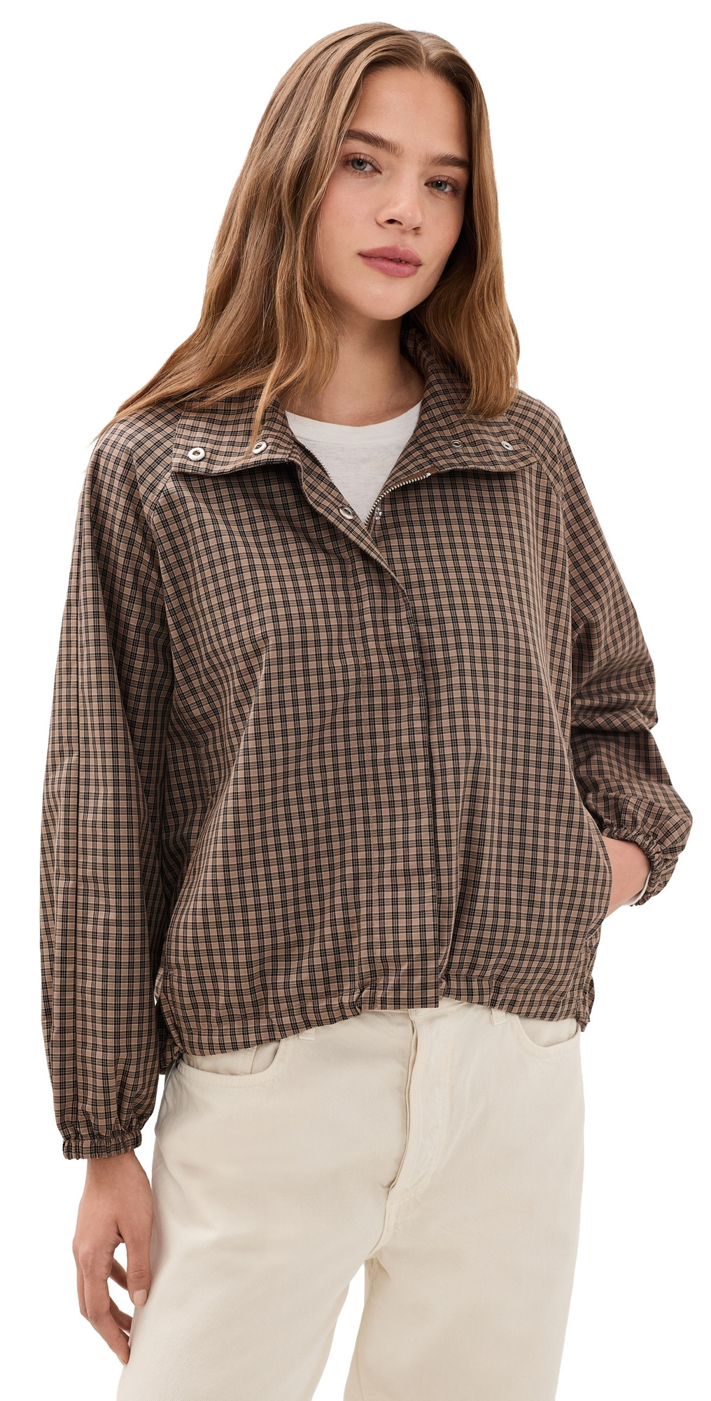 Madewell Funnel Neck Windbreaker Jacket Brown Black Check XXS | Shopbop