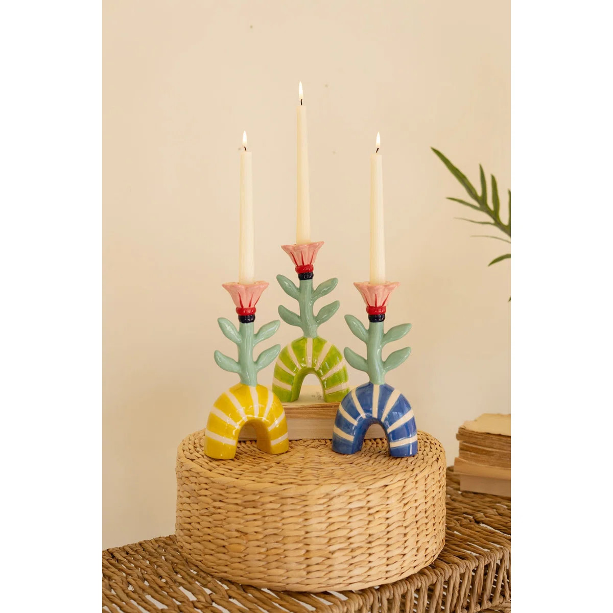 Set of Three Ceramic Flower Taper Candle Holders - One Each (Set of 3) | Wayfair North America