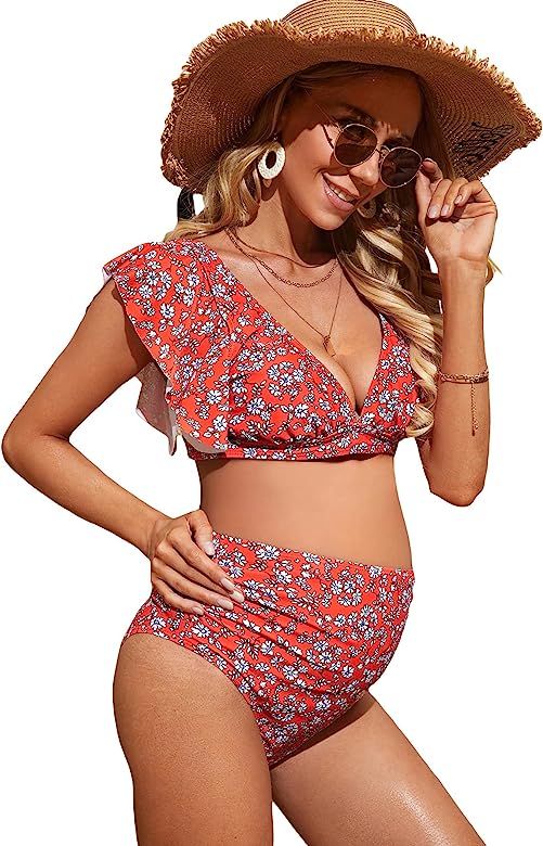 MakeMeChic Women's Maternity Two Piece Swimsuit Floral Ruffle Sleeve High Waisted Bikini Set | Amazon (US)