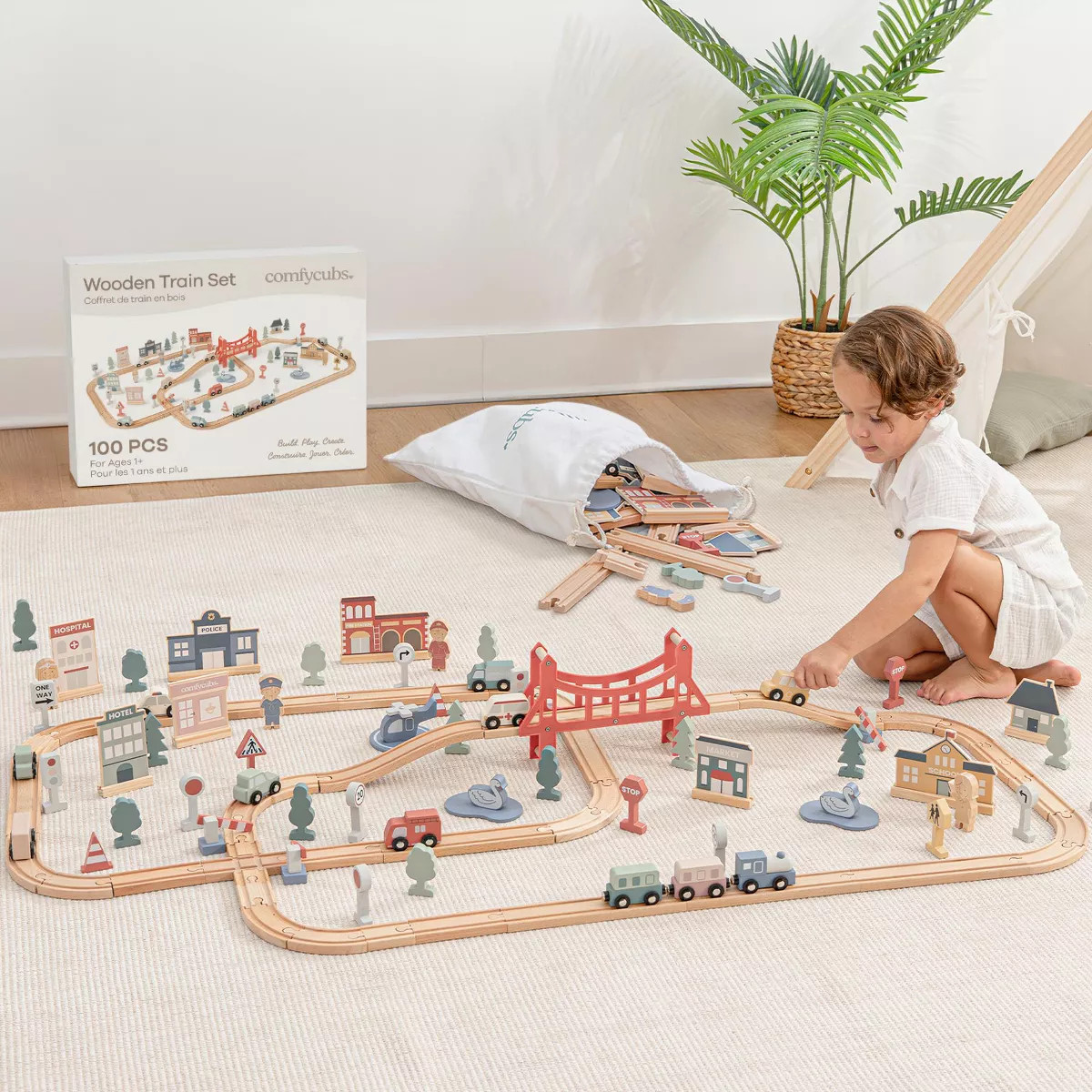 Comfy Cubs 100-Piece Wooden Train Set for Ages 1+, Toddler Train Set with Wooden Toy Tracks | Target