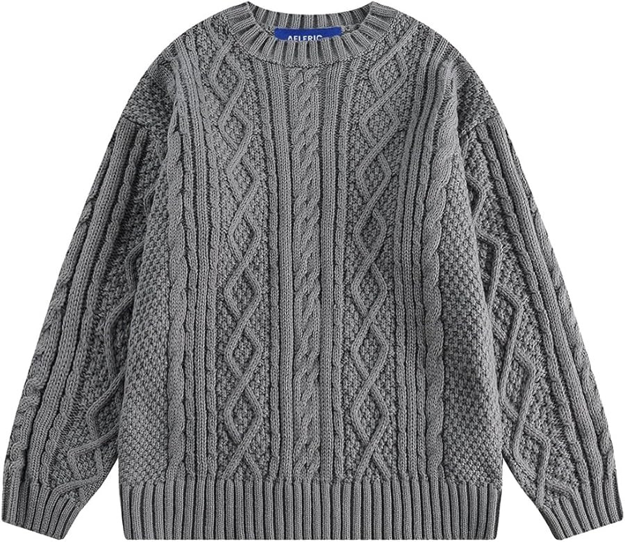 Aelfric Eden Solid Knit Cable Sweater Vintage Pullover Sweater Unisex Woven Crewneck Knitted Tops | Amazon (US)
