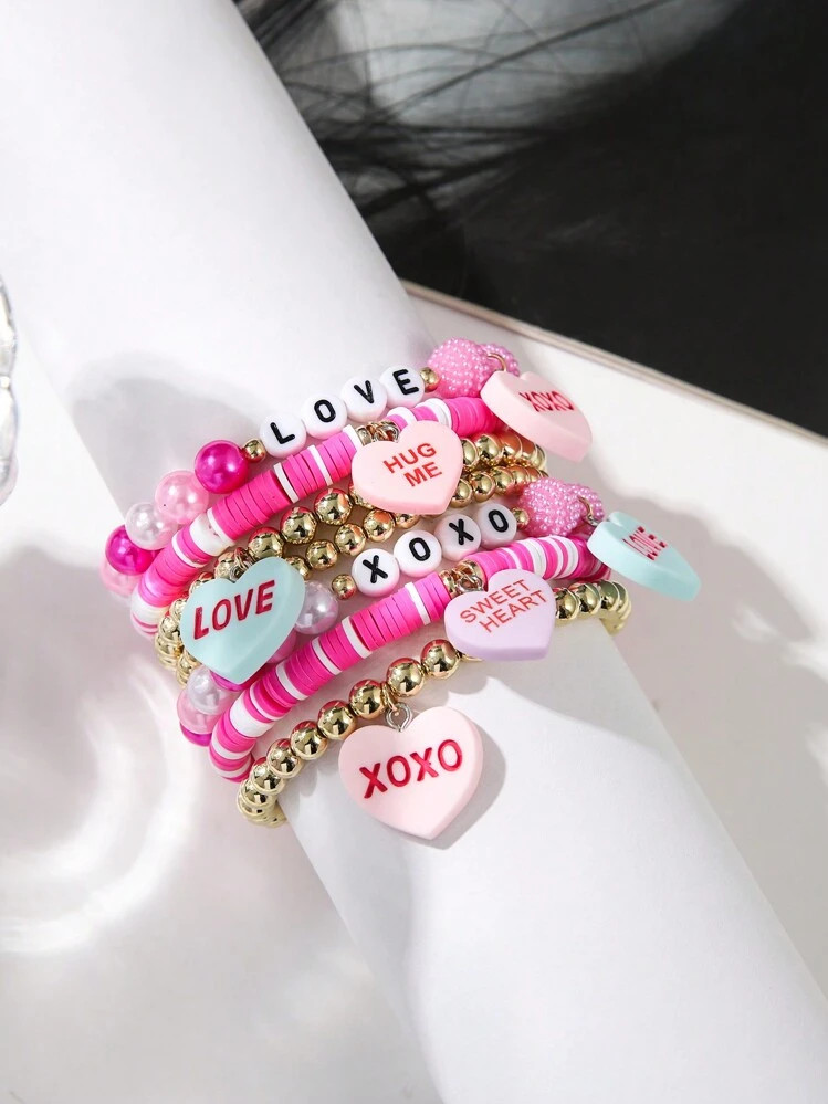 7pcs/Set Faux Pearl, Acrylic Heart Charm Stretch Bracelet Set For Women, Ideal For Valentine's Da... | SHEIN