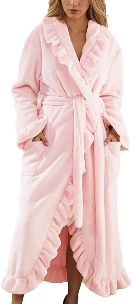 Robes For Women Long Length Soft Ruffle Hem Loungewear Bathrobe Cozy Flannel Robe Sleepwear Bathr... | Amazon (US)