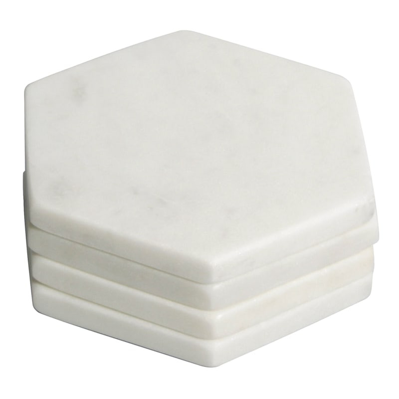 Set of 4 White Marbled Hexagon Coaster | At Home