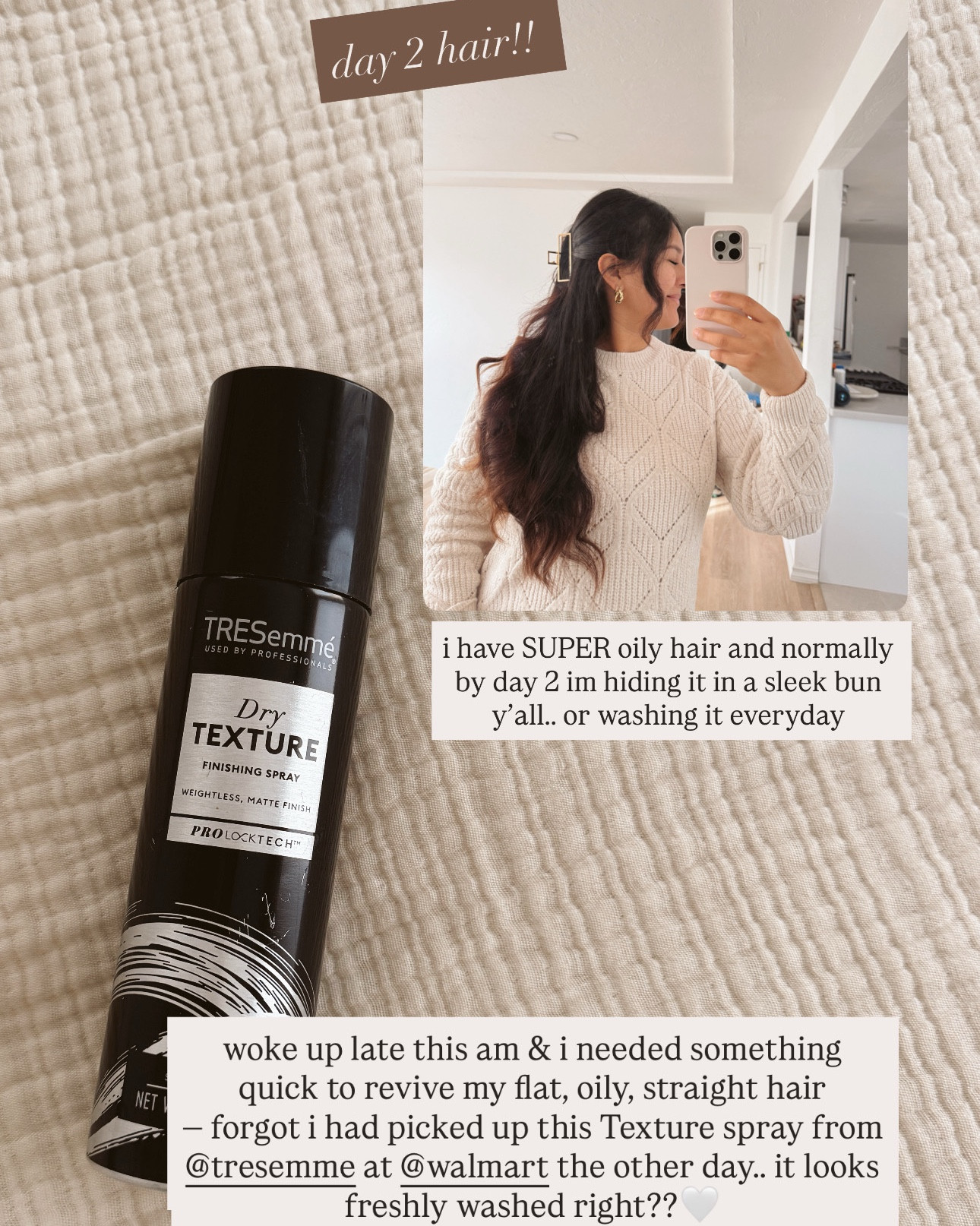 workable + volumizing affordable texture spray - quickly helped revive my oily hair! perfect for those in between hair wash days + doesnt leave a white cast🤍 fine hair | flat hair | straight hair @Walmart @TRESemmé 

#LTKmorningroutine #LTKgrwm #LTKBeauty