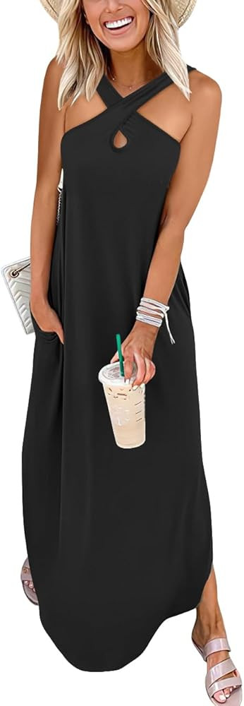 ANRABESS Women’s Casual Summer Maxi Dress Criss Cross Sexy Slit Side Sleeveless Loose Beach Lon... | Amazon (US)