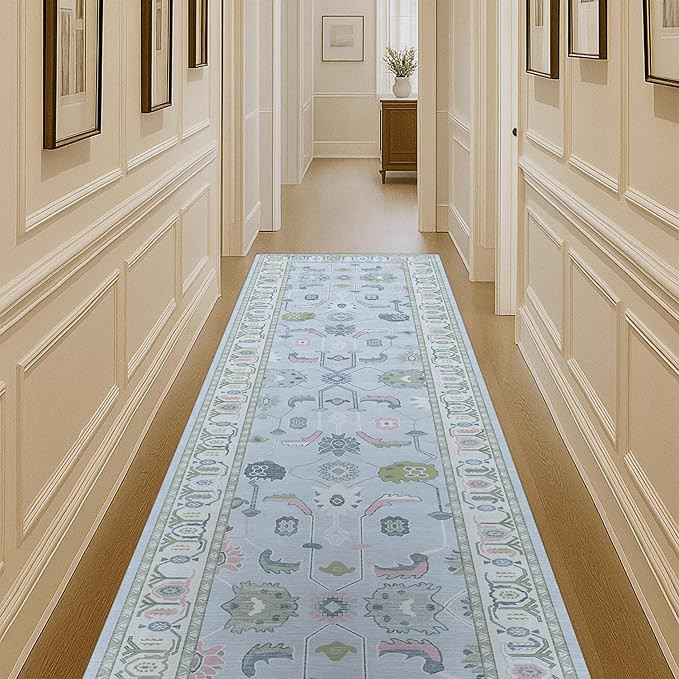 Fame Living Cream Blue Oushak Rug, Modern Rugs, Vintage, Turkish, Eclectic, Floral, Pastel, Washa... | Amazon (US)