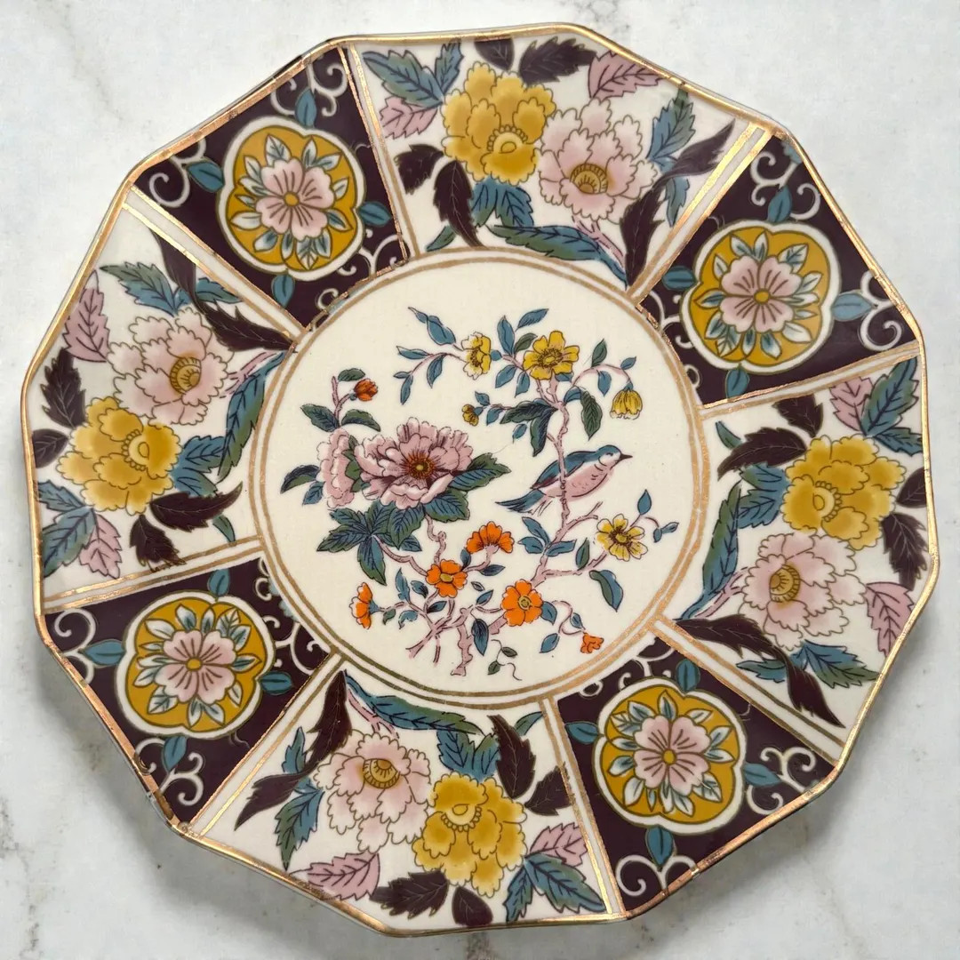 Anthropologie Bibi Dessert Plate | Plum | Floral | Bird | Gold Trim | Salad | Side | 9" | Etsy (US)