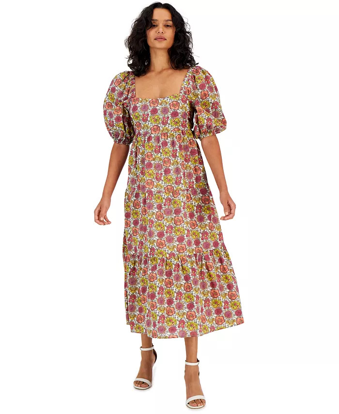 Women's Yasamin Printed Puff-Sleeve Open-Back Tiered Midi Dress | Macys (US)