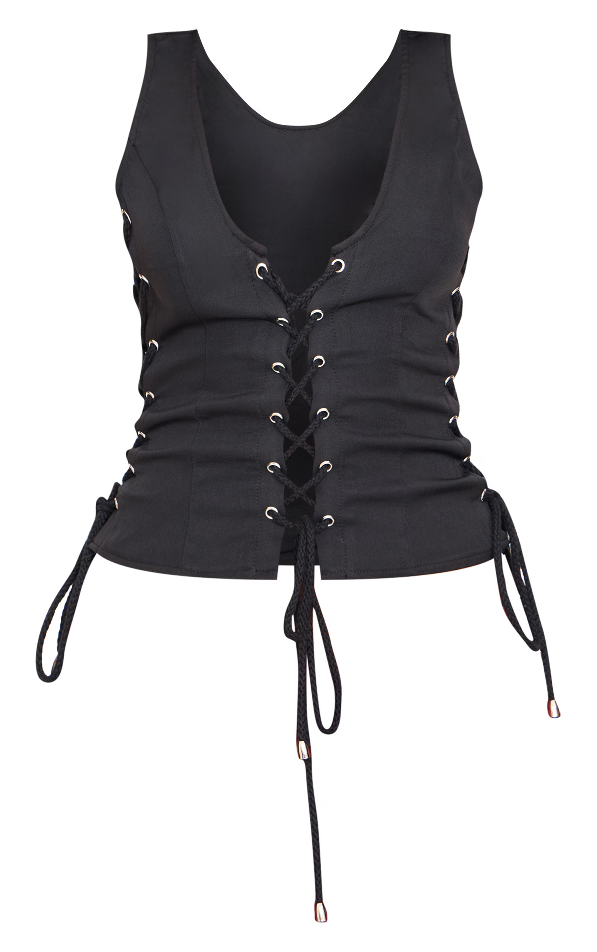 Black Woven Lace Up Detail Plunge Sleeveless Top | PrettyLittleThing UK