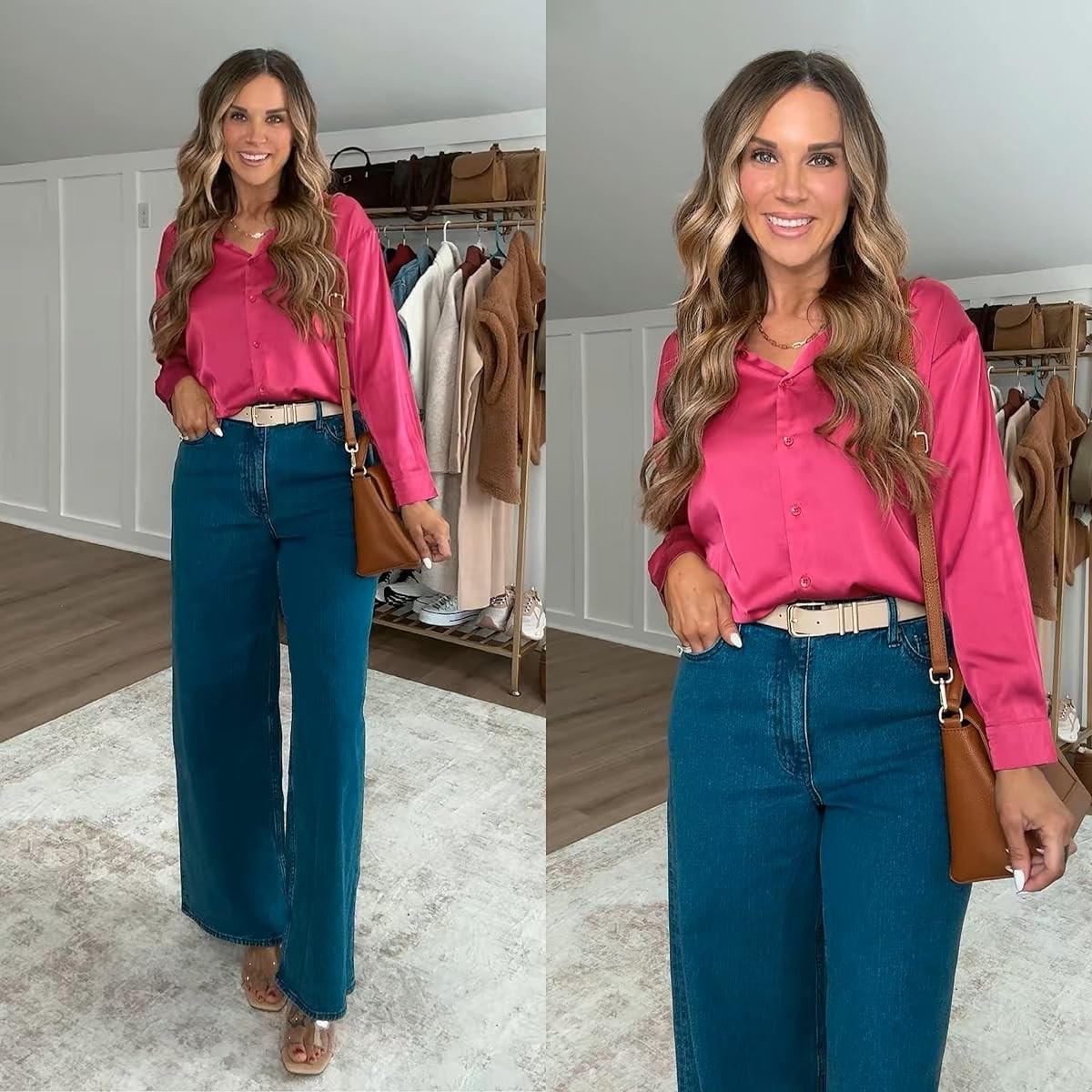 This pink shirt and the best wide leg jeans with adjustable waist paired with my new fun heels makes the perfect casual office or date night look!  

 #LTKdayinmylife #LTKootd #LTKSeasonal