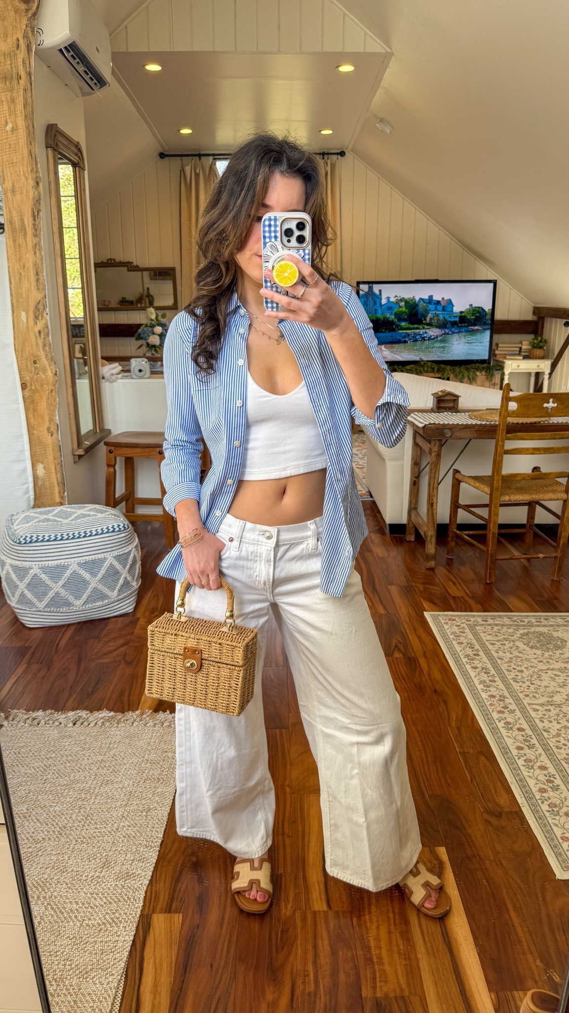Recreating coastal grandmother pinterest outfits! 🌊🌞 I am wearing 0 short in the pants and PXXS in the @jcrew  blue stripe shirt I am 5 foot 3! 🌊

 blue and white striped shirt / blue stripe shirt / coastal grandmother / coastal granddaughter / brown leather heels / box bag / woven box bag / woven bag / dainty gold watch / small gold watch / white barrel jeans / white wide leg pants / white low waist jeans / white jeans / summer jeans / woven sandals / blue stripe oxford / blue oxford 



#LTKootd #LTKSeasonal #LTKgrwm