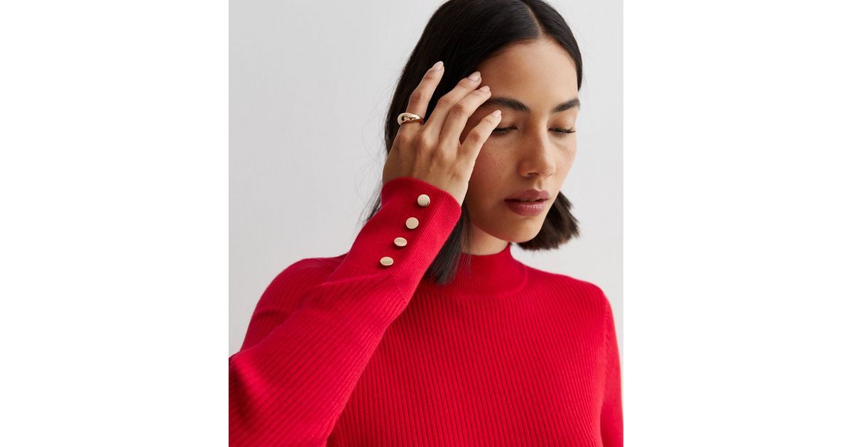 Dark Red Ribbed Knit Button Cuff Jumper | New Look | New Look (UK)