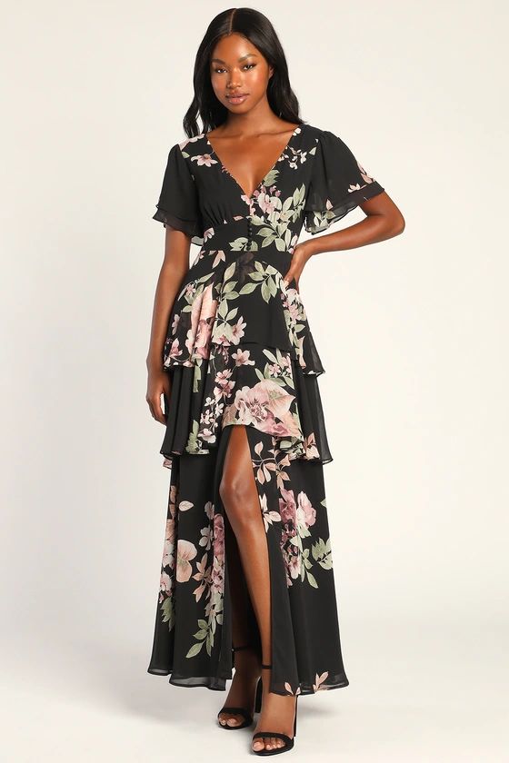 Midnight Mood Black Floral Print Tiered Maxi Dress | Lulus (US)