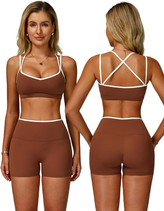 ABOCIW Workout Sets for Women 2 Piece Color Block Strappy Sports Bra High Waist Shorts Gym Yoga P... | Amazon (US)