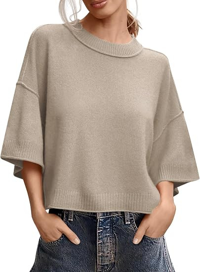 Saodimallsu Womens Short Sleeve Sweater Oversized Cropped Sweaters Knit Top | Amazon (US)