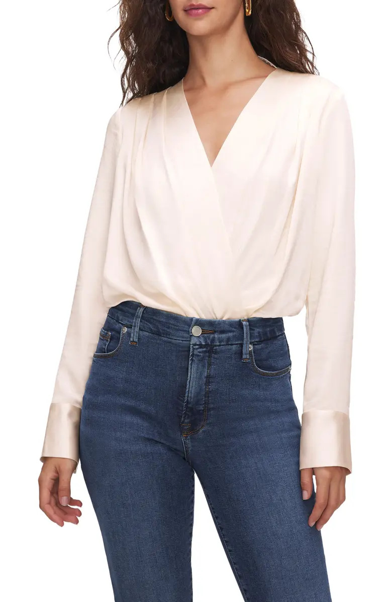Long Sleeve Washed Satin Wrap Front Bodysuit | Nordstrom